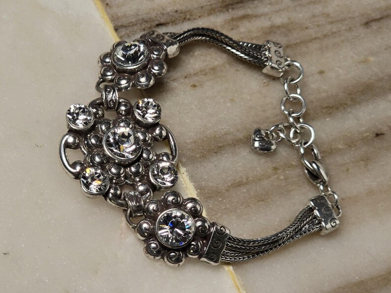 Brighton Twilight Crystal Bracelet Silver Tone Rhinestone Floral Link Adjustable image 3