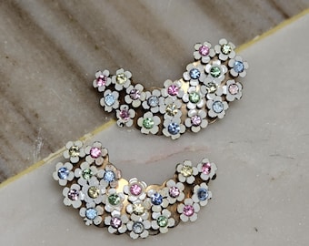 Vintage Floral Clip On Earrings: White Enamel Daisy, Pastel Rhinestones, Gold Tone Mid Century