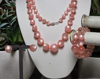 Vintage Pink Moonglow Lucite Bead Necklace Bracelet Earring Set 10K Clasp
