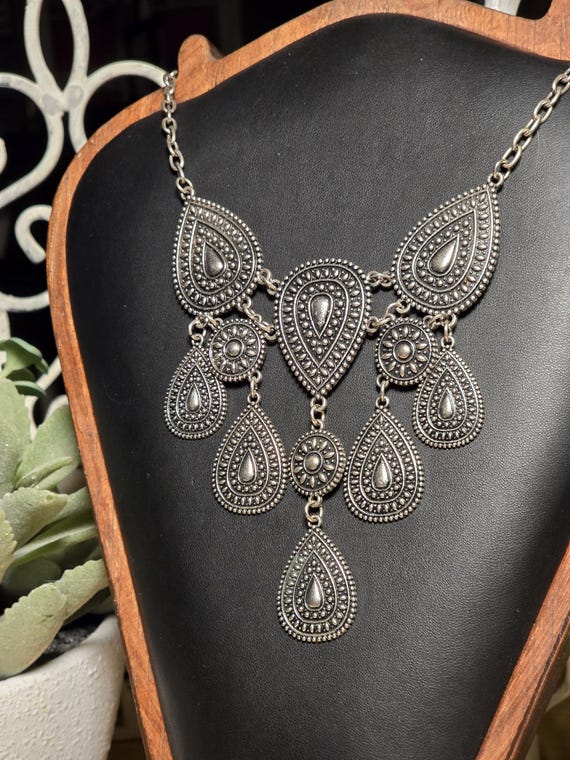 Silver Tone Statement Necklace Boho Teardrop Bib … - image 5