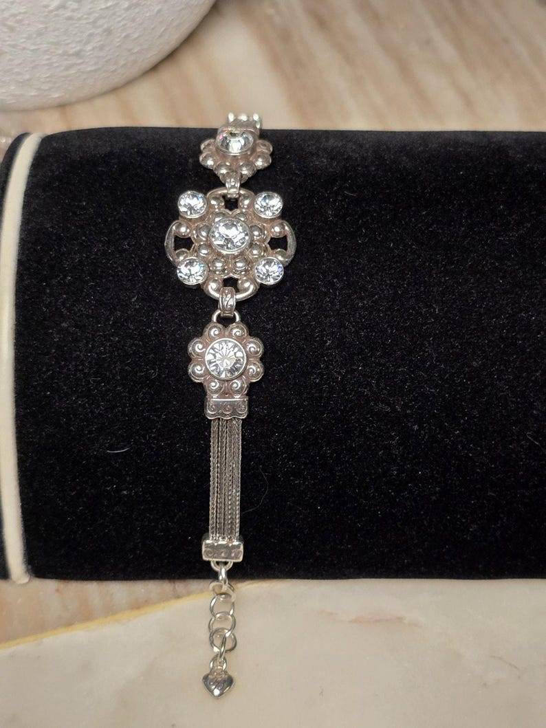 Brighton Twilight Crystal Bracelet Silver Tone Rhinestone Floral Link Adjustable image 8