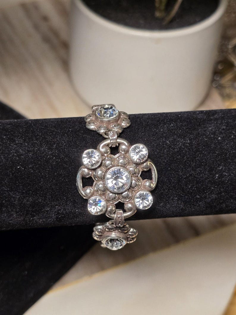 Brighton Twilight Crystal Bracelet Silver Tone Rhinestone Floral Link Adjustable image 9