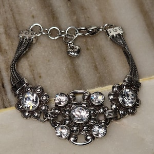 Brighton Twilight Crystal Bracelet Silver Tone Rhinestone Floral Link Adjustable image 1