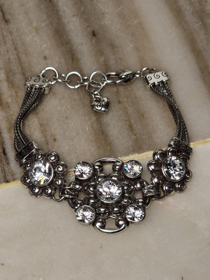 Brighton Twilight Crystal Bracelet Silver Tone Rhinestone Floral Link Adjustable image 1