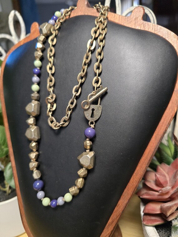 Lock and Key Statement Necklace Silver Metal Bead… - image 4