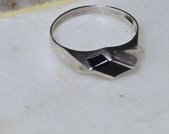 Vintage Sterling Silver Black Onyx Geometric Signet Ring, Modernist Statement Size 6.5