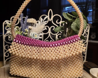 Vintage Pink Pearl Beaded Purse Y2K Mini Handbag Statement Bead Bag