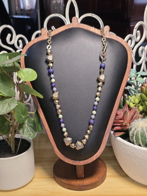 Lock and Key Statement Necklace Silver Metal Bead… - image 1