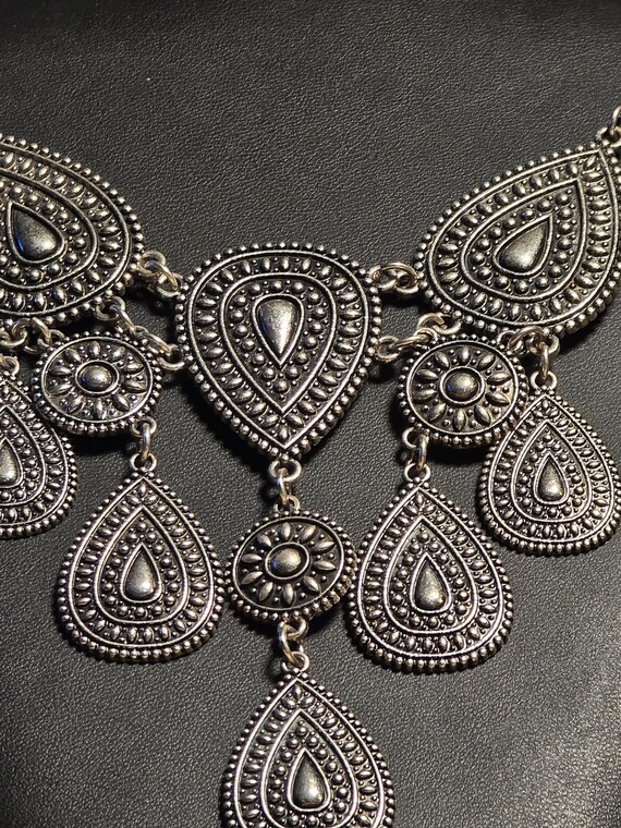 Silver Tone Statement Necklace Boho Teardrop Bib … - image 4