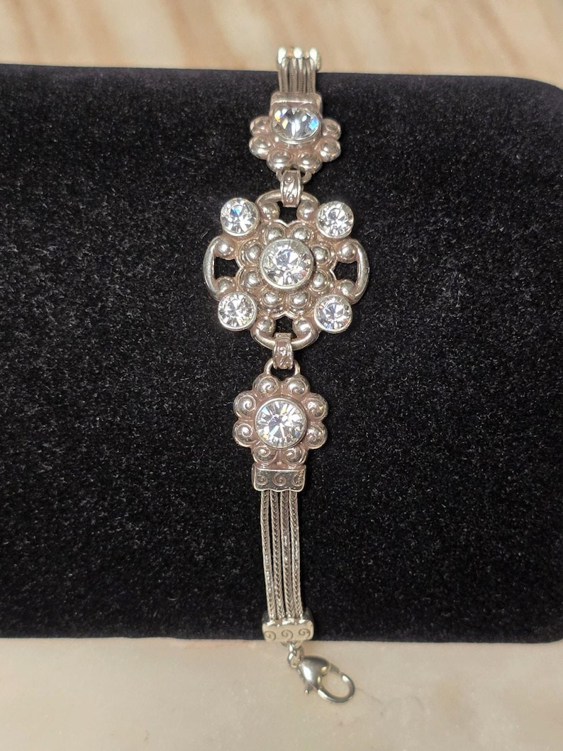 Brighton Twilight Crystal Bracelet Silver Tone Rhinestone Floral Link Adjustable image 6