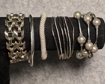 Vintage Silver Tone Bracelet Lot | Chain, Pearl & Rhinestone Styles | Set of 5