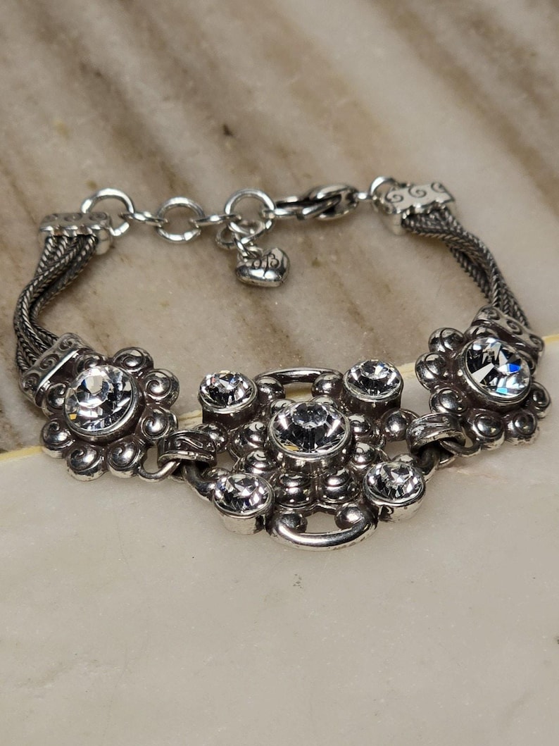 Brighton Twilight Crystal Bracelet Silver Tone Rhinestone Floral Link Adjustable image 2