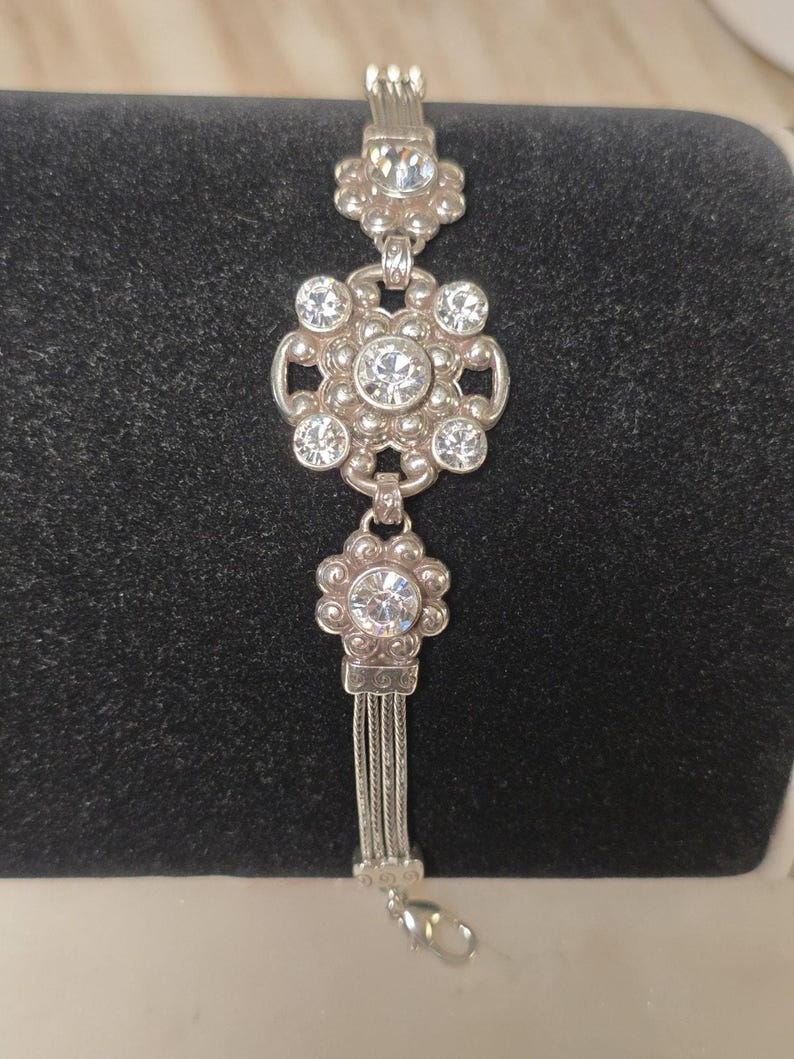 Brighton Twilight Crystal Bracelet Silver Tone Rhinestone Floral Link Adjustable image 5