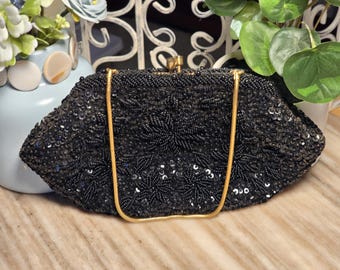 Vintage Dayne Taylor Black Beaded Clutch Evening Bag Gold Chain Kiss Lock Purse