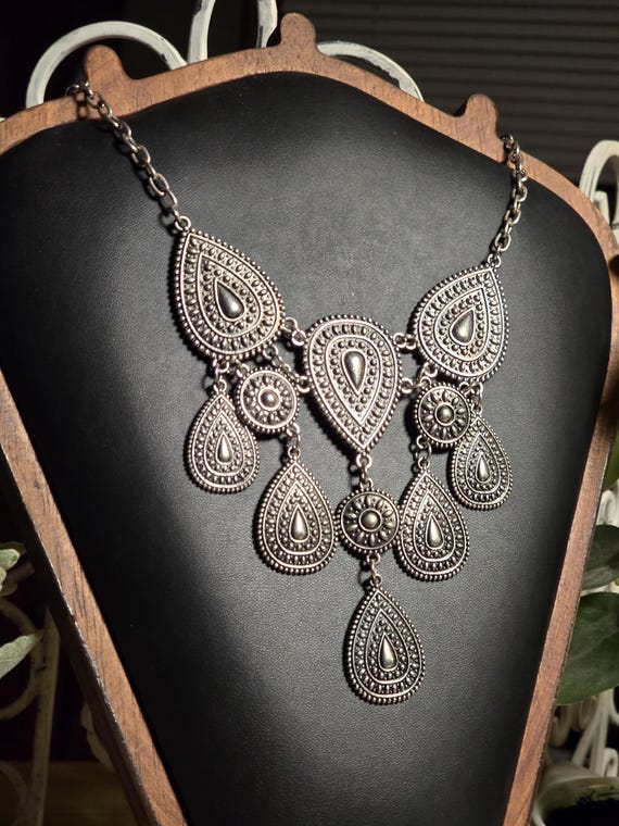 Silver Tone Statement Necklace Boho Teardrop Bib … - image 3