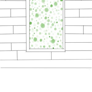 May include: A rectangular design with a pattern of green watercolour-style dots of varying sizes on a white background. The design is framed by a thin black line, set against a white brick wall.