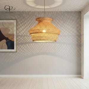 Bamboo Wicker Lampshade, Boho Rattan Pendant Ligh,t Diffuser for Kitchen Island, Farmhouse Ceiling Decor