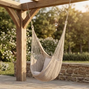May include: A cream-coloured macrame hammock chair suspended from a wooden pergola. The chair features a woven seat and back with a white cushion inside. A decorative hanging glass orb is nearby. The background shows a stone wall and greenery.