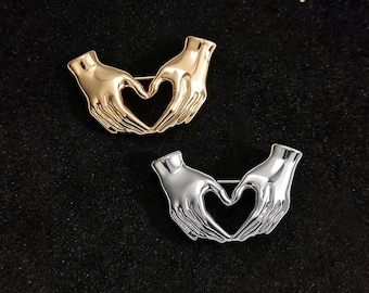 Hand Heart Gesture Brooch, Minimalist Gold Silver Hand Heart Pin, Love Symbol Brooch for Jackets and Scarves