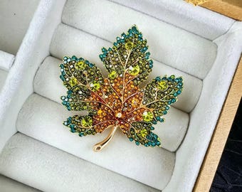 Crystal Maple Leaf Brooch • Multi-Color Rhinestone Statement Pin