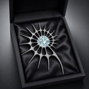 May include: A silver-toned brooch featuring a spiral, shell-like structure with pointed, radiating arms. The metal surface is encrusted with small, clear stones, and a large, round, pale blue faceted gemstone is set in the center of the spiral.