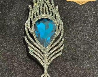 Pfauenfeder Brosche, Blauer Kristall-Pin, eleganter Statement-Schmuck
