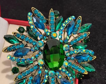 Multi-Color Crystal Flower Brooch, Statement Sunburst Pin, Gold-Toned Formal Jewelry