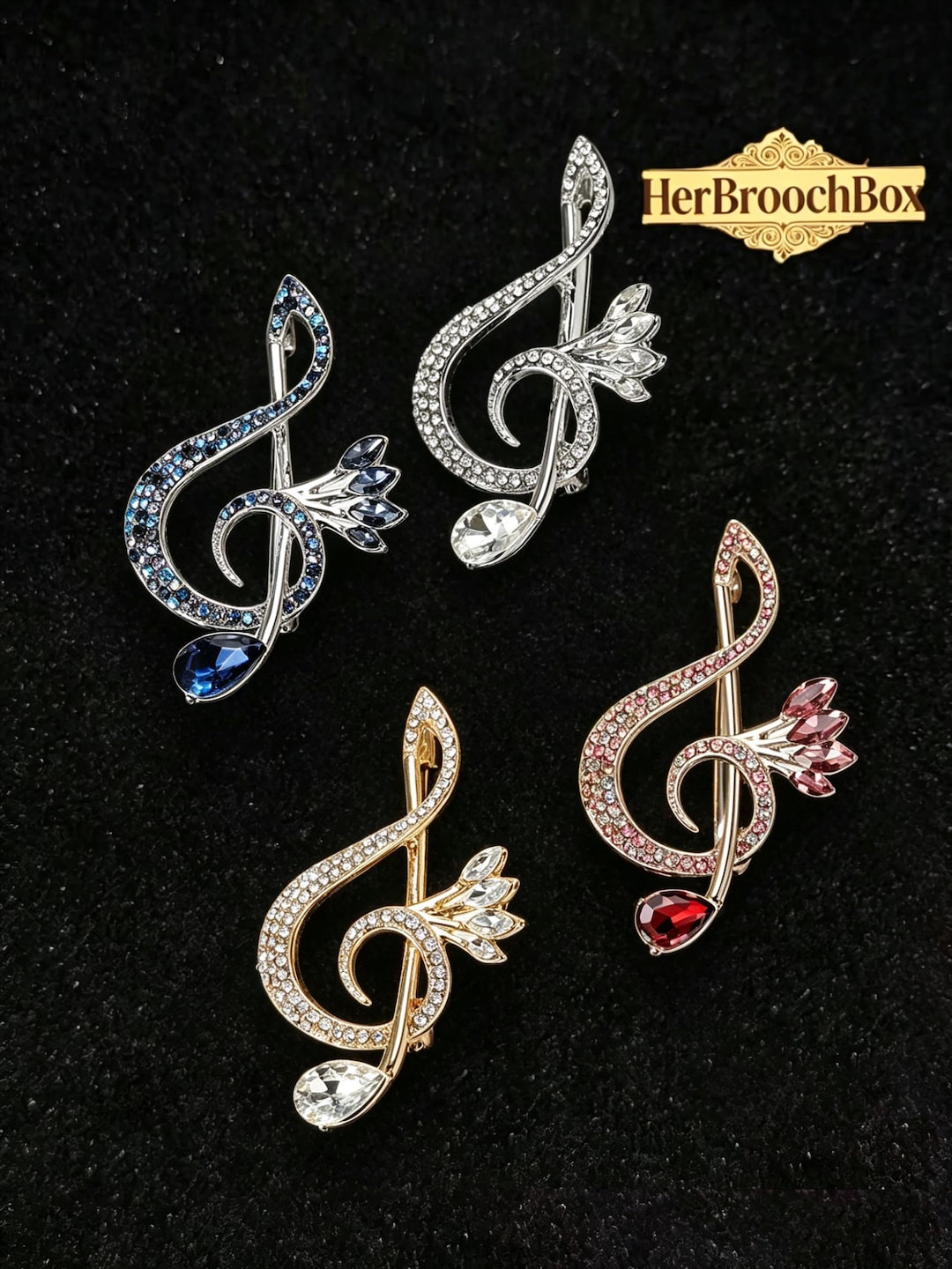 Treble Clef Music Note Brooch, Crystal Paved Musical Pin, Sparkling ...