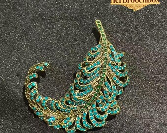 Peacock Feather Brooch, Gold/Crystal & Teal Gem Pin, Vintage Statement Jewelry
