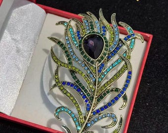 Peacock Feather Brooch, Gold-Toned Multi-Color Crystal Pin, Regal Statement Jewelry