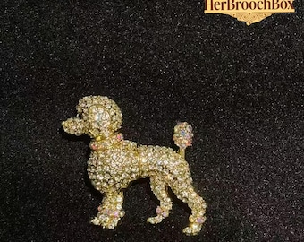 Poodle Dog Brooch, Gold-Toned Crystal Pin, Sparkling Vintage Animal Jewelry