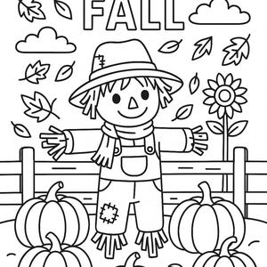 以下が含まれることがあります： 「WELCOME FALL」の文字が入った白黒の線画イラスト。帽子とスカーフを身に着けた笑顔のかかしが、カボチャ、葉、雲、ヒマワリに囲まれた柵の前に立っています。