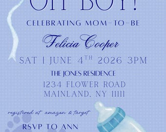 Oh Boy Baby Shower Invitation Template, Blue Boy Invite (Canva Editable)