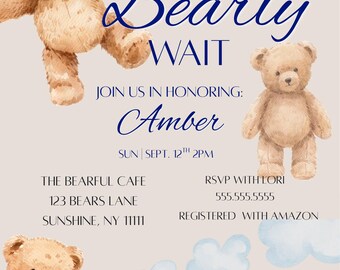 Teddy Bear Baby Shower Invitation, We Can Bearly Wait Invite (Editable Canva Template)