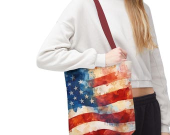Aquarell Amerikanische Flagge Einkaufstasche: Vaterländische Polyester Strandtasche