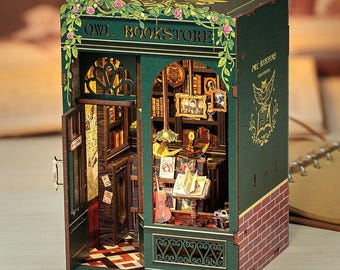 Owl Bookstore DIY Book Nook Kit – Handmade Miniature Bookshop Dollhouse with LED Light | Cozy Reading Diorama Gift