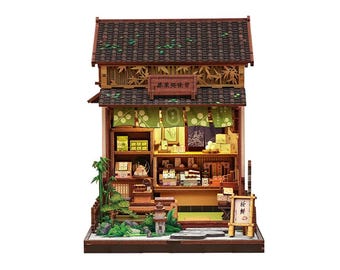 Japanese Sweet Shop DIY Dollhouse Kit – Handmade Miniature House Book Nook with LED Light | Traditional Japanese Diorama Gift