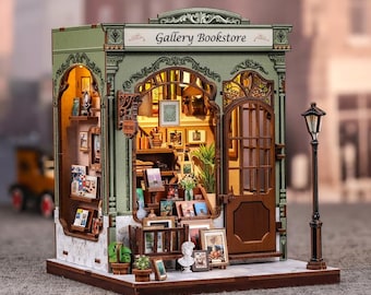Gallery Bookstore DIY Dollhouse Kit – Miniature House Book Nook with LED Light | Handmade Cozy Plant Shop Diorama Gift