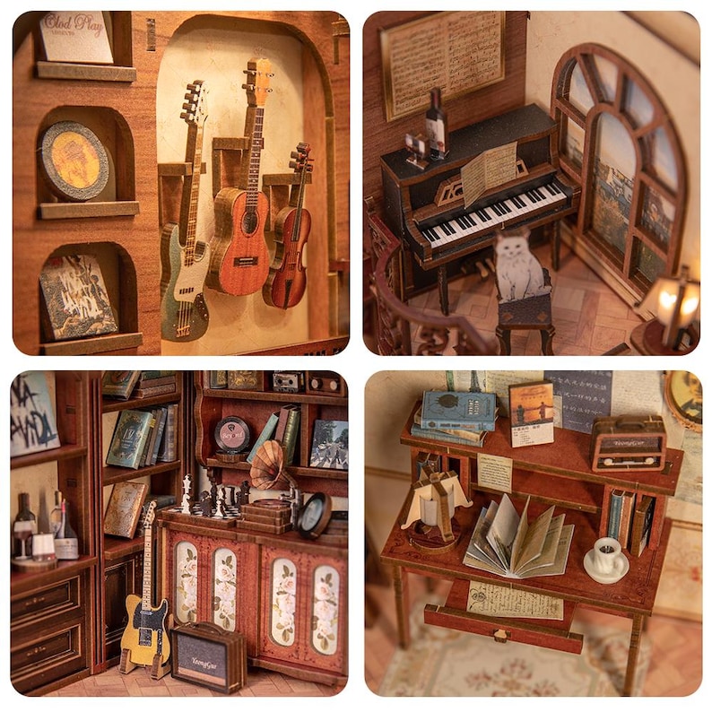 May include: A collection of miniature wooden room dioramas. One features guitars and a violin, another a piano with a cat, a third a library with a gramophone, and the last a desk with books and a radio. The rooms are detailed with small objects.