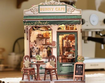 Sunny Cafe DIY Dollhouse Kit – Miniature House Book Nook with LED Light | Handmade Cozy Cafe Diorama Gift