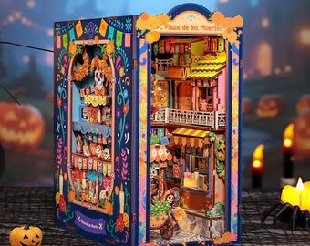 Day of the Dead Book Nook Kit, DIY Miniature Dollhouse Shelf Insert with LED Light, Halloween Bookshelf Decor Gift