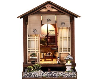 Japanese Tea House DIY Dollhouse Kit – Handmade Miniature House Book Nook with LED Light | Traditional Japanese Diorama Gift