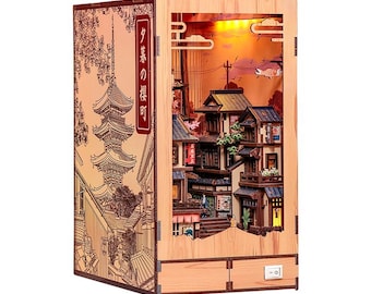 DIY Japanese Sakura Town Book Nook Kit, Sunset Street Miniature Dollhouse, 407 Pcs 3D Wooden Puzzle with LED, Bookshelf Decor