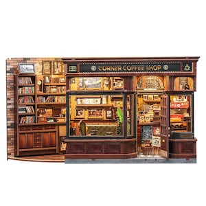 May include: A miniature wooden Corner Coffee Shop model with a brick facade and detailed interior. The shop features a bookstore, coffee bar, and decorative elements. The sign above the shop reads "CORNER COFFEE SHOP".