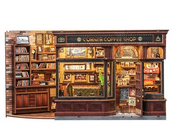 Corner Coffee Shop DIY Dollhouse Kit – Miniature House Book Nook with LED Light | Handmade Cozy Coffee Bar Diorama Gift