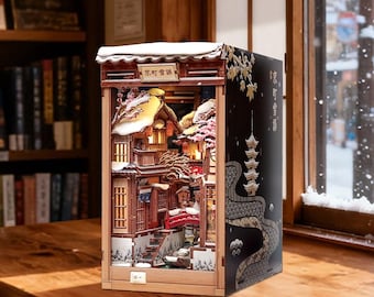 Kyoto Snow Street Book Nook Kit, DIY Miniature Dollhouse Insert with LED Light, Japanese Alley Bookshelf Decor Gift