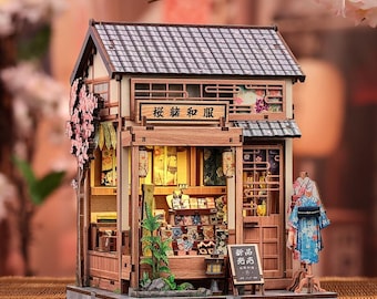 Sakura O kimono shop DIY Dollhouse Kit – Handmade Miniature House Book Nook with LED Light | Traditional Japanese Diorama Gift