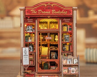 The Drama Bookshop DIY Dollhouse Kit – Miniature House Book Nook with LED Light | Handmade Cozy Plant Shop Diorama Gift
