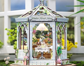 Flower House Book Nook Kit, DIY Miniature House with LED Light, Windsor Flower House Bookshelf Decor Gift