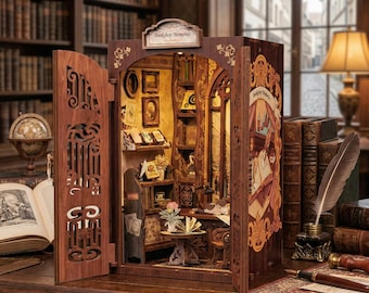 Bookshop Memories DIY Book Nook Kit – Vintage Miniature Bookshelf Insert with LED Light | Handmade Wooden Library Diorama Gift